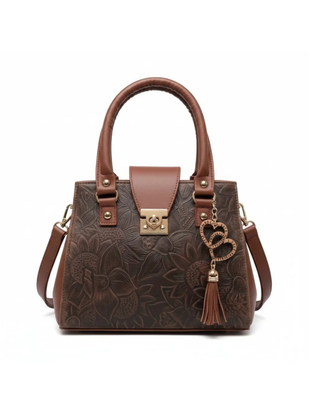 Chocolate Brown Tasseled Floral Embossed Tooled Artisan LEATHER Crossbody Purse
